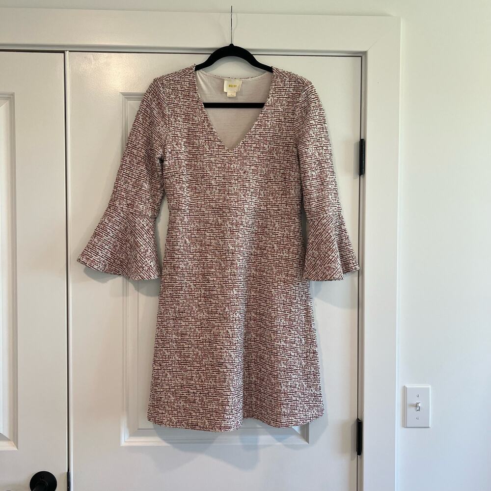 Maeve by Anthropologie Susie Swing Tweed Dress Bell Sleeves White Red‎ Size S